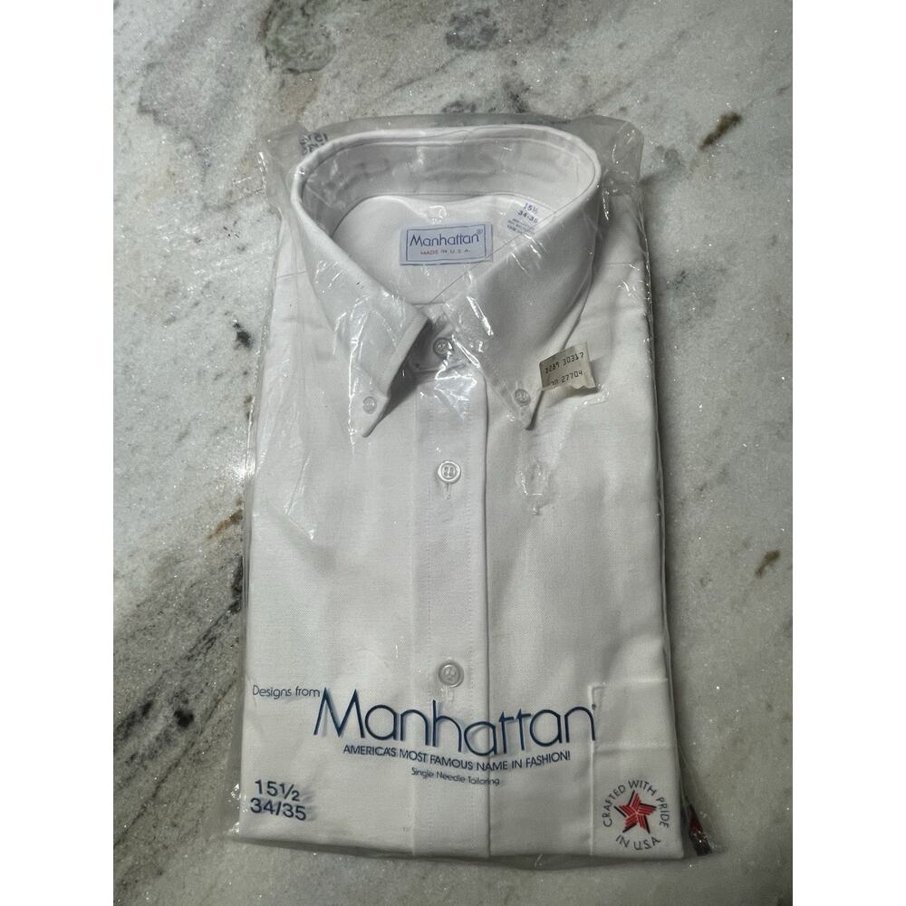 Vintage Manhattan White Button Down Shirt Size 15 1/2 34-35 New Old Stock